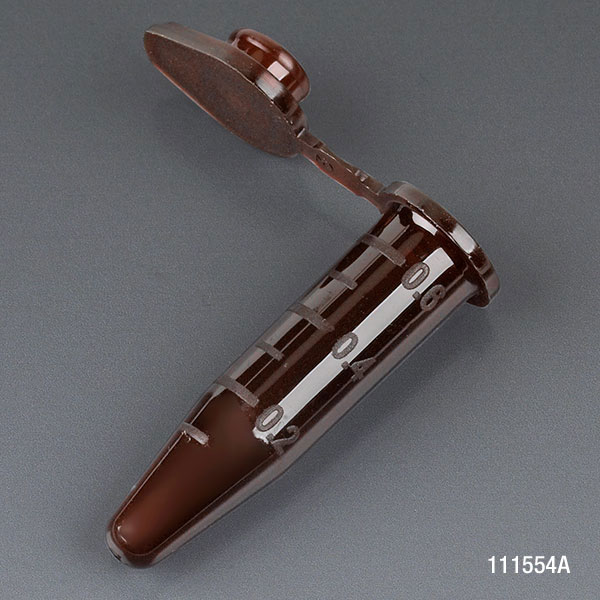 Globe Scientific Microcentrifuge Tube, 0.5mL, PP, Attached Snap Cap, Graduated, Amber, Certified: Rnase, Dnase and Pyrogen Free, 500/Stand Up Zip Lock Bag Image