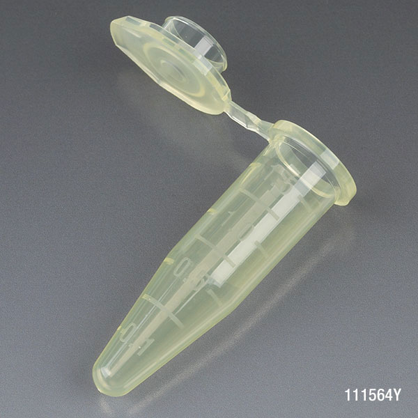 Globe Scientific Microcentrifuge Tube, 1.5mL, PP, Attached Snap Cap, Graduated, Yellow, Certified: Rnase, Dnase and Pyrogen Free, 500/Stand Up Zip Lock Bag Image