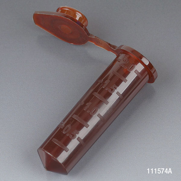 Globe Scientific Microcentrifuge Tube, 2.0mL, PP, Attached Snap Cap, Graduated, Amber, Certified: Rnase, Dnase and Pyrogen Free, 500/Stand Up Zip Lock Bag Image