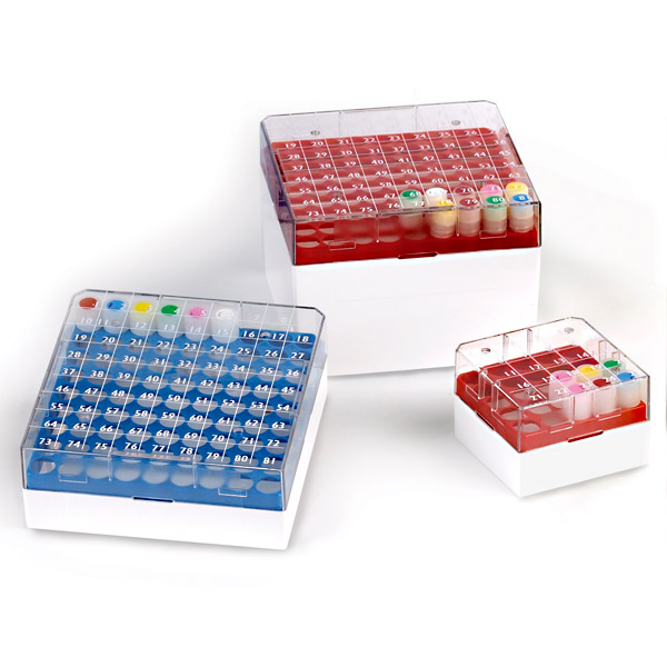 Globe Scientific BioBOX 25, for 1.0mL and 2.0mL CryoCLEAR vials, Polycarbonate (PC), Holds 25 vials (5x5 format), Printed Lid, Pack Includes a CryoClear Tube Picker, BLUE Image