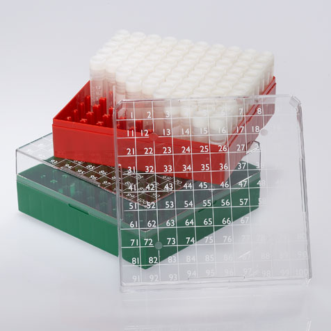 Globe Scientific BioBOX 100, for 1.0mL and 2.0mL Internal Threaded CryoCLEAR vials, Polycarbonate (PC), Holds 100 vials (10x10 format), Printed Lid, Pack Includes a CryoClear Tube Picker, RED Image