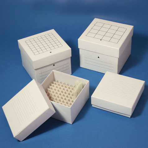 Globe Scientific Freezing Box, 2", Cardboard, 64-Place (8x8 format), fits 1.0mL and 2.0mL CryoCLEAR vials, White Image