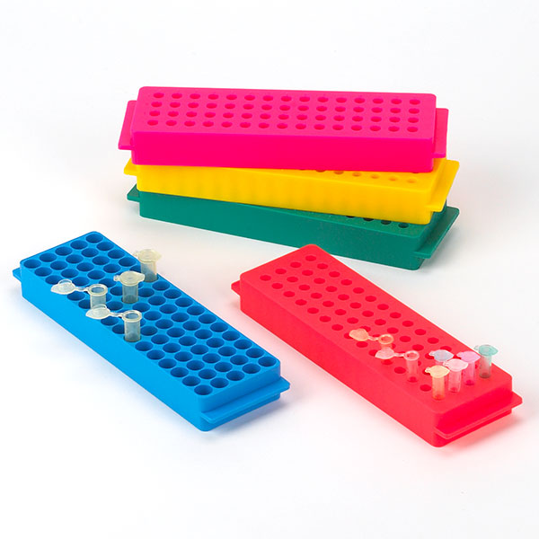 Globe Scientific Reversible Rack for Microcentrifuge Tubes, 80-Place for 1.5mL and 2.0mL and Reverse Side is 60-Place for 0.2mL and 0.5mL Tubes, 5 Assorted Colors/Pack Image