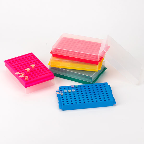 Globe Scientific Reversible Rack with Cover for Microcentrifuge Tubes, 96-Place for 1.5mL and 2.0mL and Reverse Side is 96-Place for 0.2mL and 0.5mL Tubes, 5 Assorted Colors/Pack Image