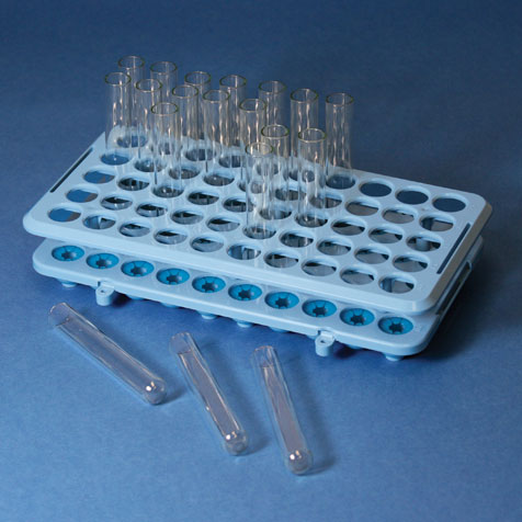 Globe Scientific Grip Rack, Rack with Tube Grippers for up to 17mm Tubes, 50-Place, Autoclavable, Blue Image