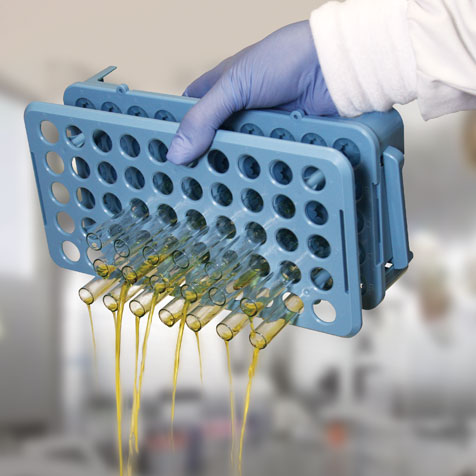 Globe Scientific Grip Rack, Rack with Tube Grippers and Tube Eject for up to 15mm Tubes, 50-Place, Autoclavable, Blue Image