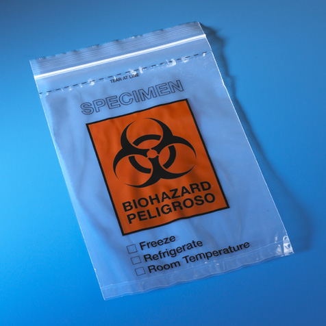 Globe Scientific Bag, Biohazard Specimen Transport, 6" x 9", Ziplock with Score Line and Document Pouch, 100/Pack, 10 Packs/Unit Image
