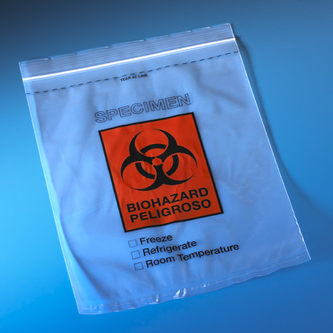 Globe Scientific Bag, Biohazard Specimen Transport, 8" x 10", Ziplock with Score Line and Document Pouch, 100/Pack, 10 Packs/Unit Image