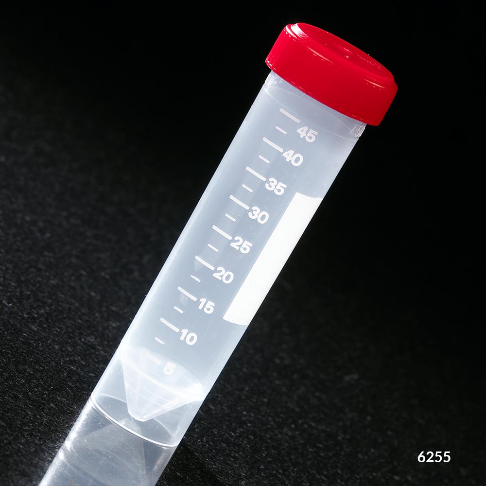 Globe Scientific Transport Tube, 50mL, with Separate Red Screw Cap, PP, Printed Graduations, Conical Bottom, Self-Standing Image