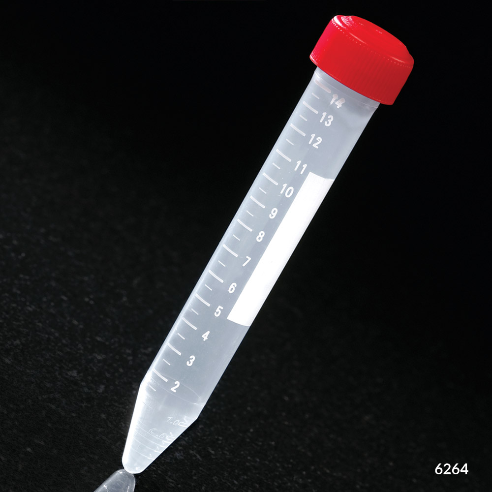 Globe Scientific Centrifuge Tube, 15mL, Attached Red Screw Cap, PP, Printed Graduations, STERILE, 25/Bag, 20 Bags/Unit Image