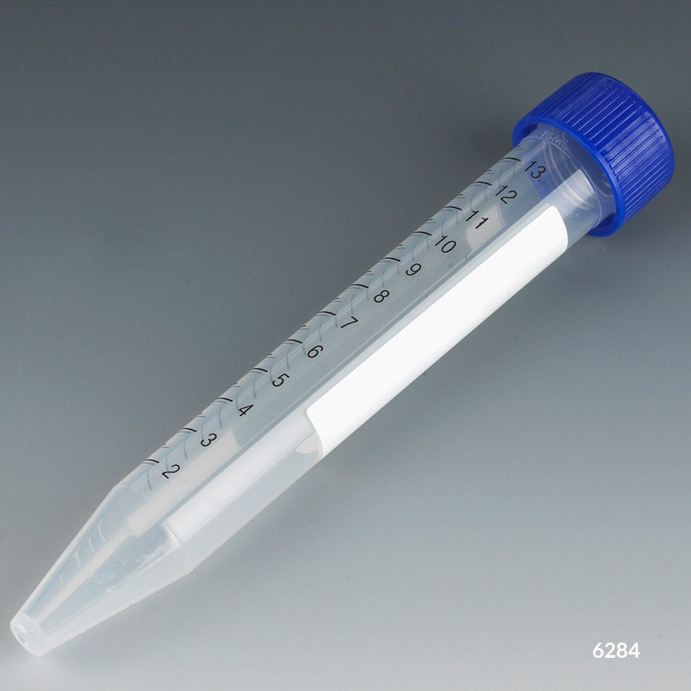Globe Scientific Centrifuge Tube, 15mL, Attached Blue Flat Top Screw Cap, PP, Printed Graduations, STERILE, 25/Bag, 20 Bags/Unit Image