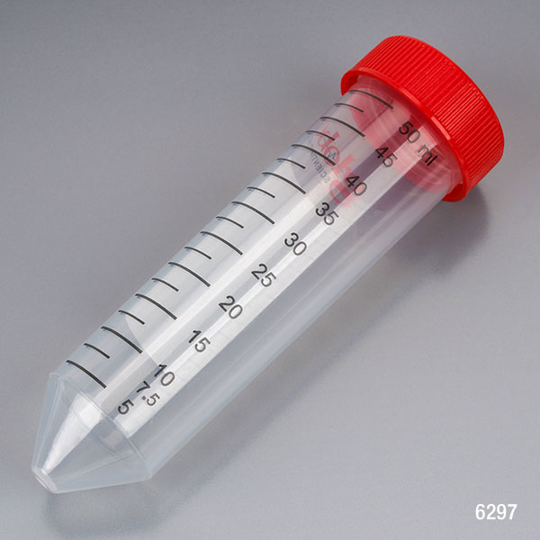 Globe Scientific Diamond MAX Centrifuge Tube, 50mL, Attached Red Flat Top Screw Cap, PP, Printed Graduations, STERILE, Certified, 25/Re-Sealable Bag, 20 Bags/Unit Image