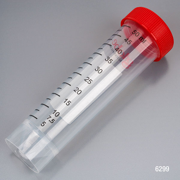 Globe Scientific Diamond MAX Centrifuge Tube, 50mL, Attached Red Flat Top Screw Cap, PP, Printed Graduations, STERILE, Self-Standing, Certified, 25/Re-Sealable Bag, 20 Bags/Unit Image