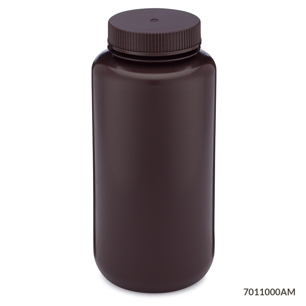 Globe Scientific Bottle, Wide Mouth, HDPE Bottle, Attached PP Screw Cap, Amber, 1000mL, 6/Pack Image