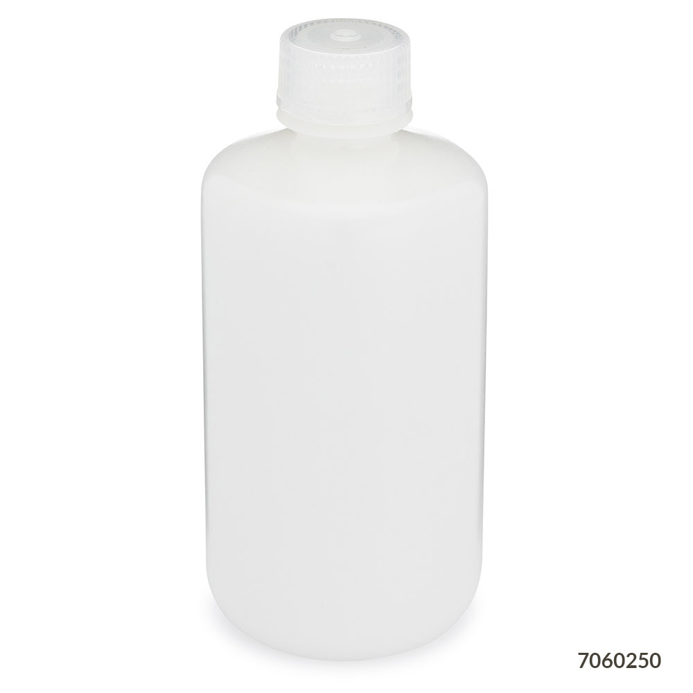 Globe Scientific Bottle, Narrow Mouth, HDPE Bottle, Attached PP Screw Cap, 250mL, 12/Pack Image