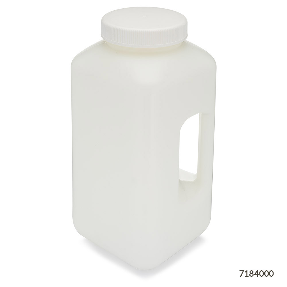 Globe Scientific Bottle, Large Wide Mouth with Handle, Square, HDPE Bottle, 100mm PP Screw Cap, 4 Litres (1.0 Gallons) Image