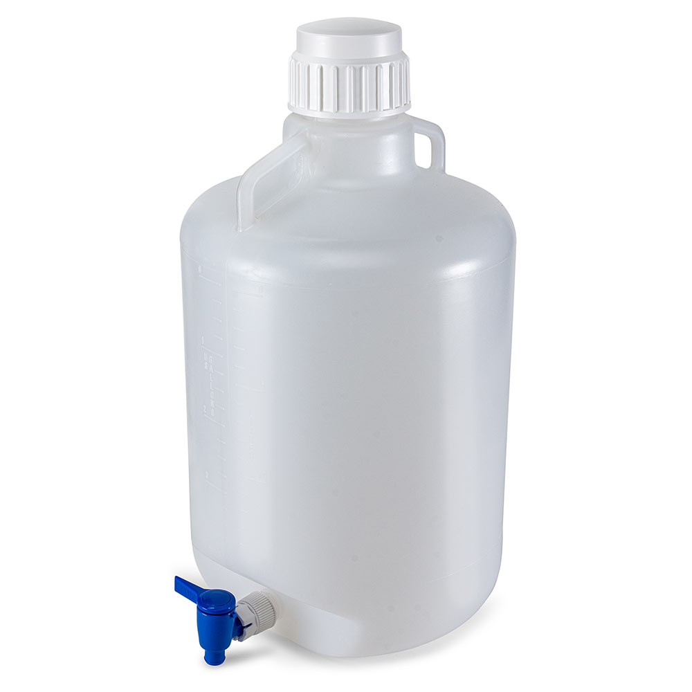 Globe Scientific Carboy, Round with Spigot and Handles, PP, White PP Screwcap, 20 Liter, Molded Graduations, Autoclavable Image