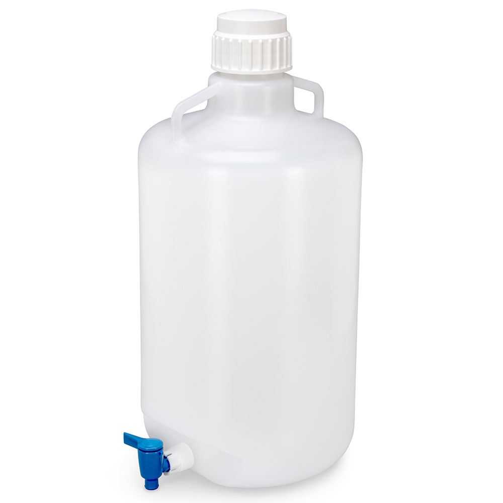 Globe Scientific Carboy, Round with Spigot and Handles, PP, White PP Screwcap, 25 Liter, Molded Graduations, Autoclavable Image
