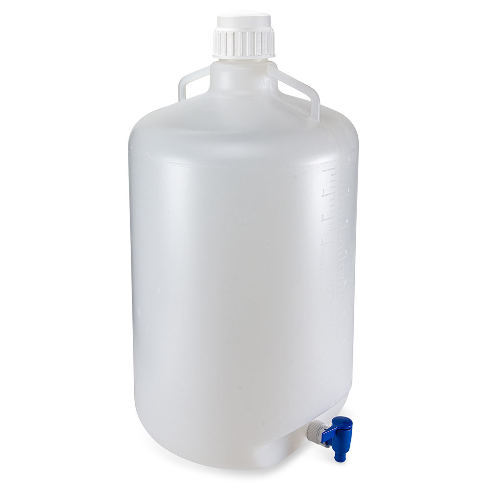 Globe Scientific Carboy, Round with Spigot and Handles, PP, White PP Screwcap, 50 Liter, Molded Graduations, Autoclavable Image