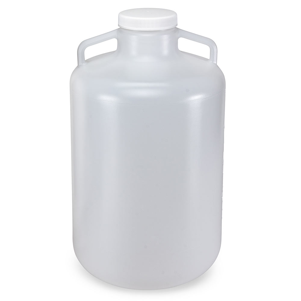 Globe Scientific Carboy, Round with Handles, Wide Mouth, LDPE, White PP Screwcap, 20 Liter, Molded Graduations Image