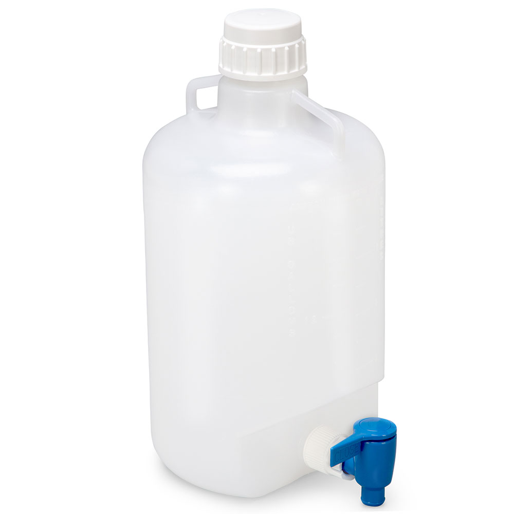 Globe Scientific Carboy, Round with Spigot and Handles, LDPE, White PP Screwcap, 5 Liter, Molded Graduations Image