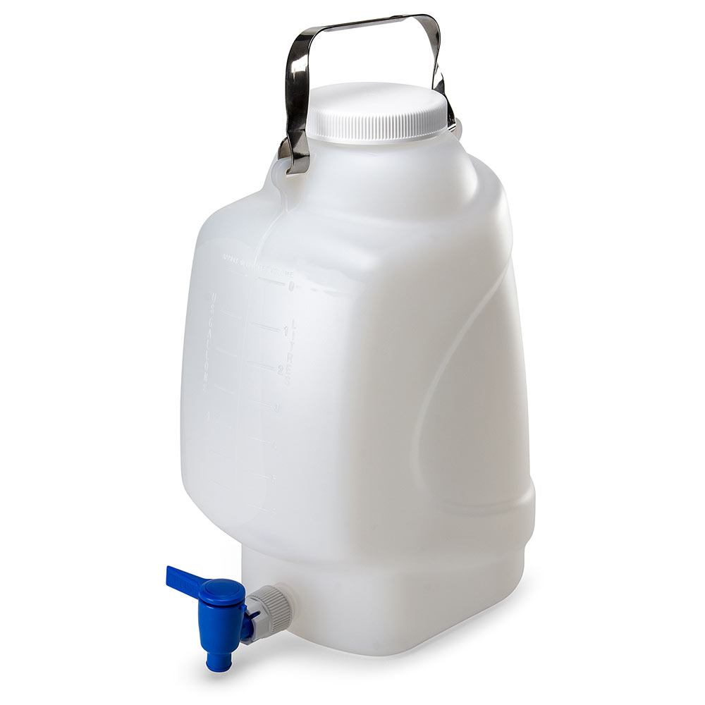 Globe Scientific Carboy, Rectangular with Spigot and Handle, PP, White PP Screwcap, 10 Liter, Molded Graduations, Autoclavable Image