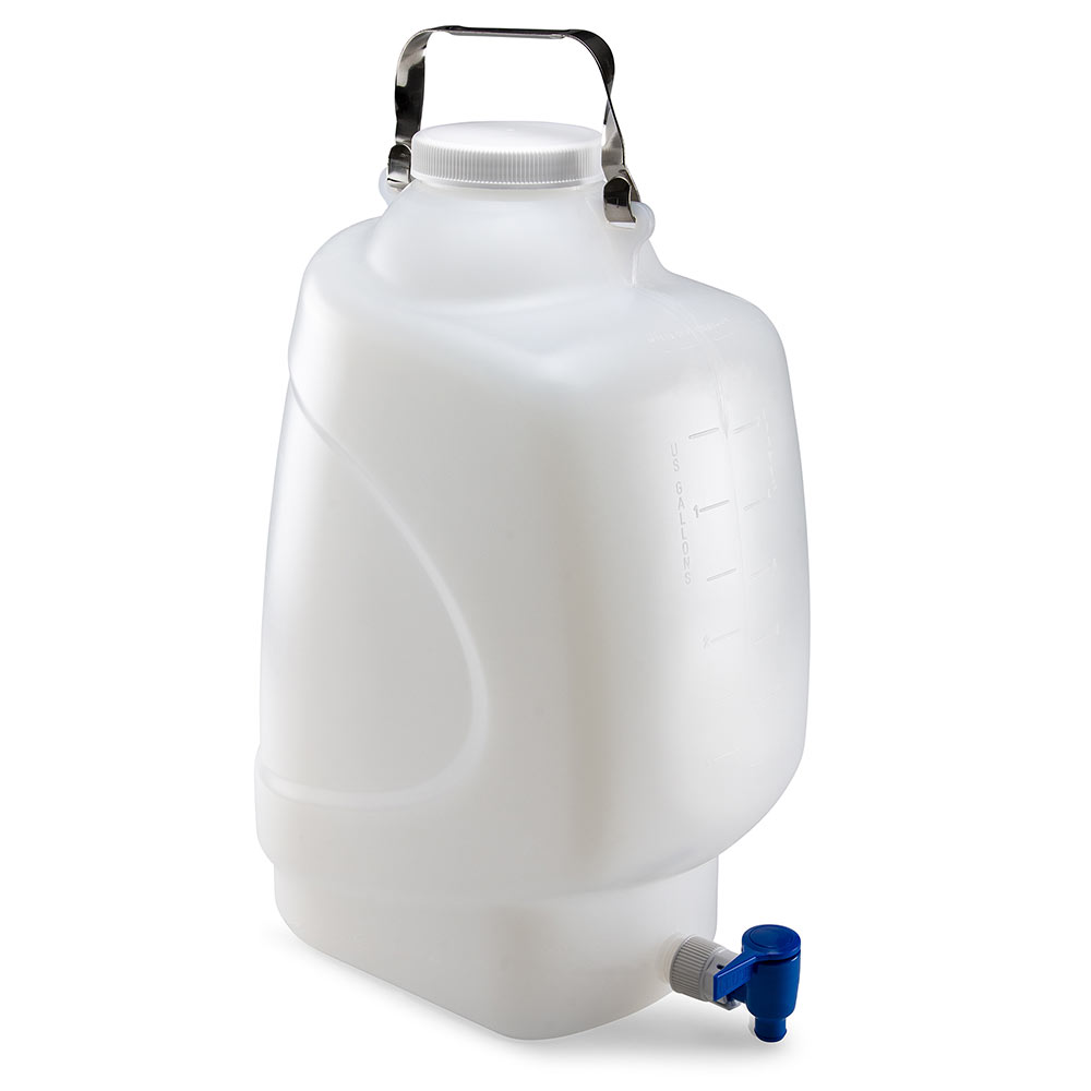 Globe Scientific Carboy, Rectangular with Spigot and Handle, PP, White PP Screwcap, 20 Liter, Molded Graduations, Autoclavable Image