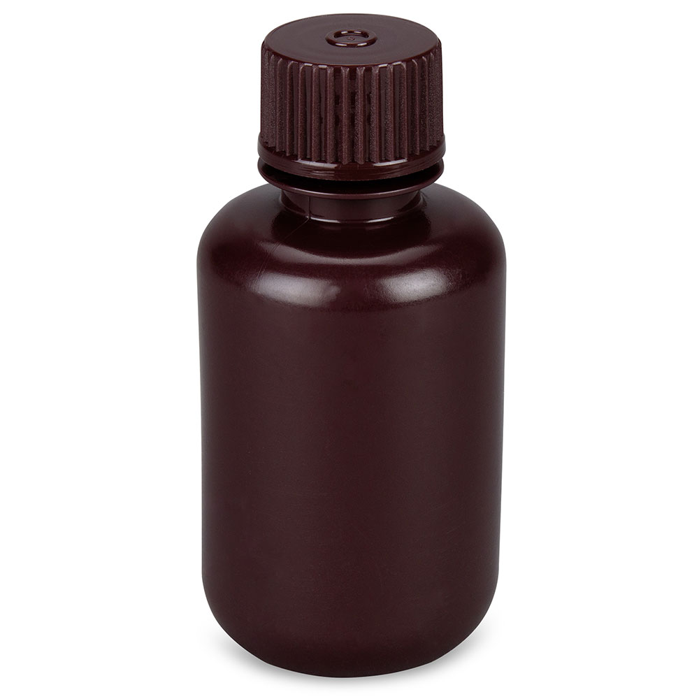 Globe Scientific Bottle, Narrow Mouth, Boston Round, Amber HDPE with Amber PP Closure, 60mL, Bulk Packed with Bottles and Caps Bagged Separately, 1000/Case Image
