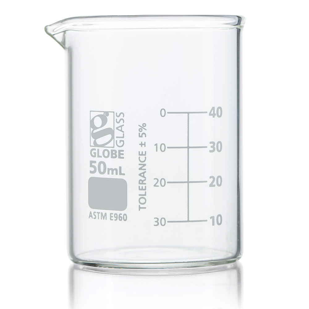 Globe Scientific Beaker, Globe Glass, 50mL, Low Form Griffin Style, Dual Graduations, ASTM E960, 12/Box Image