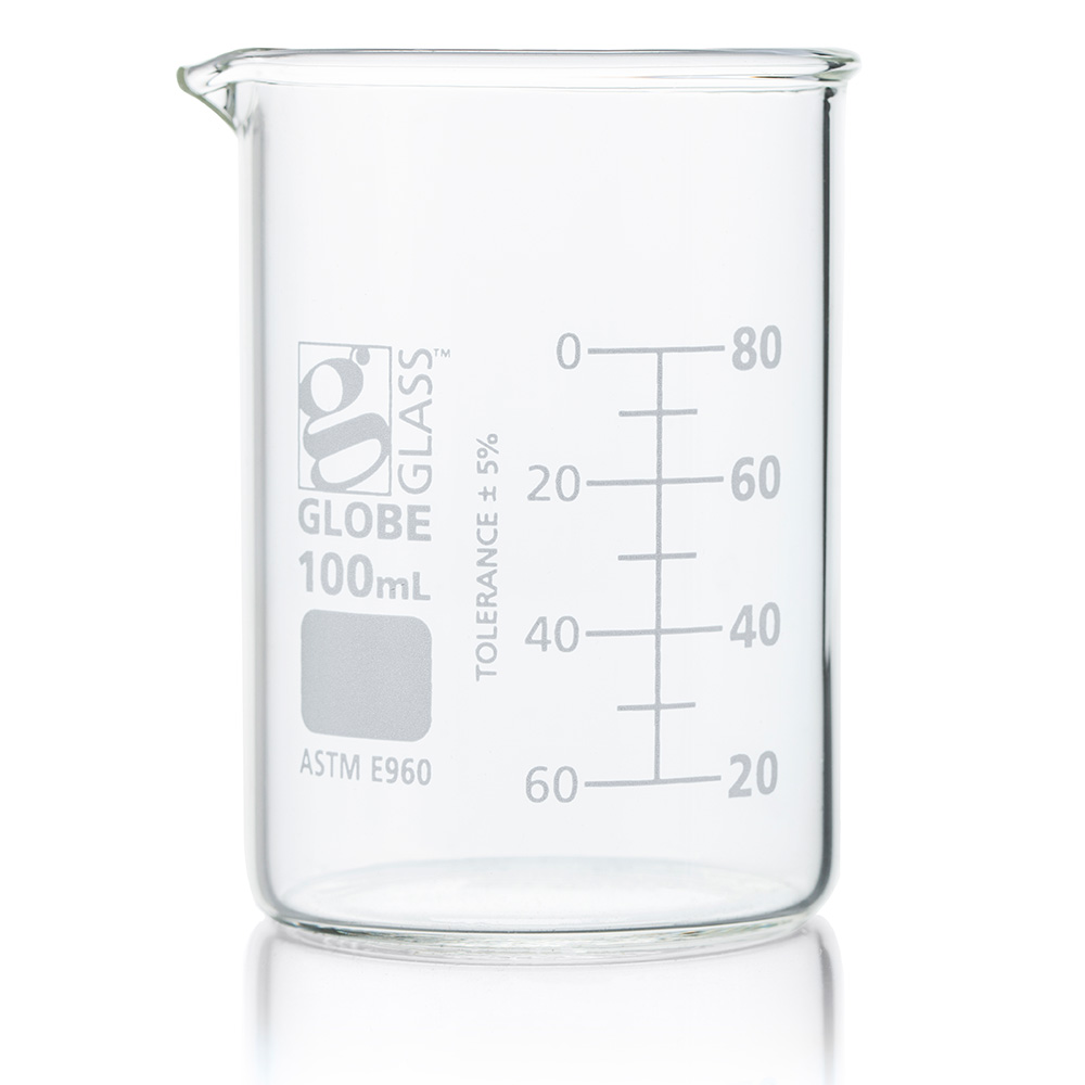 Globe Scientific Beaker, Globe Glass, 100mL, Low Form Griffin Style, Dual Graduations, ASTM E960, 12/Box Image