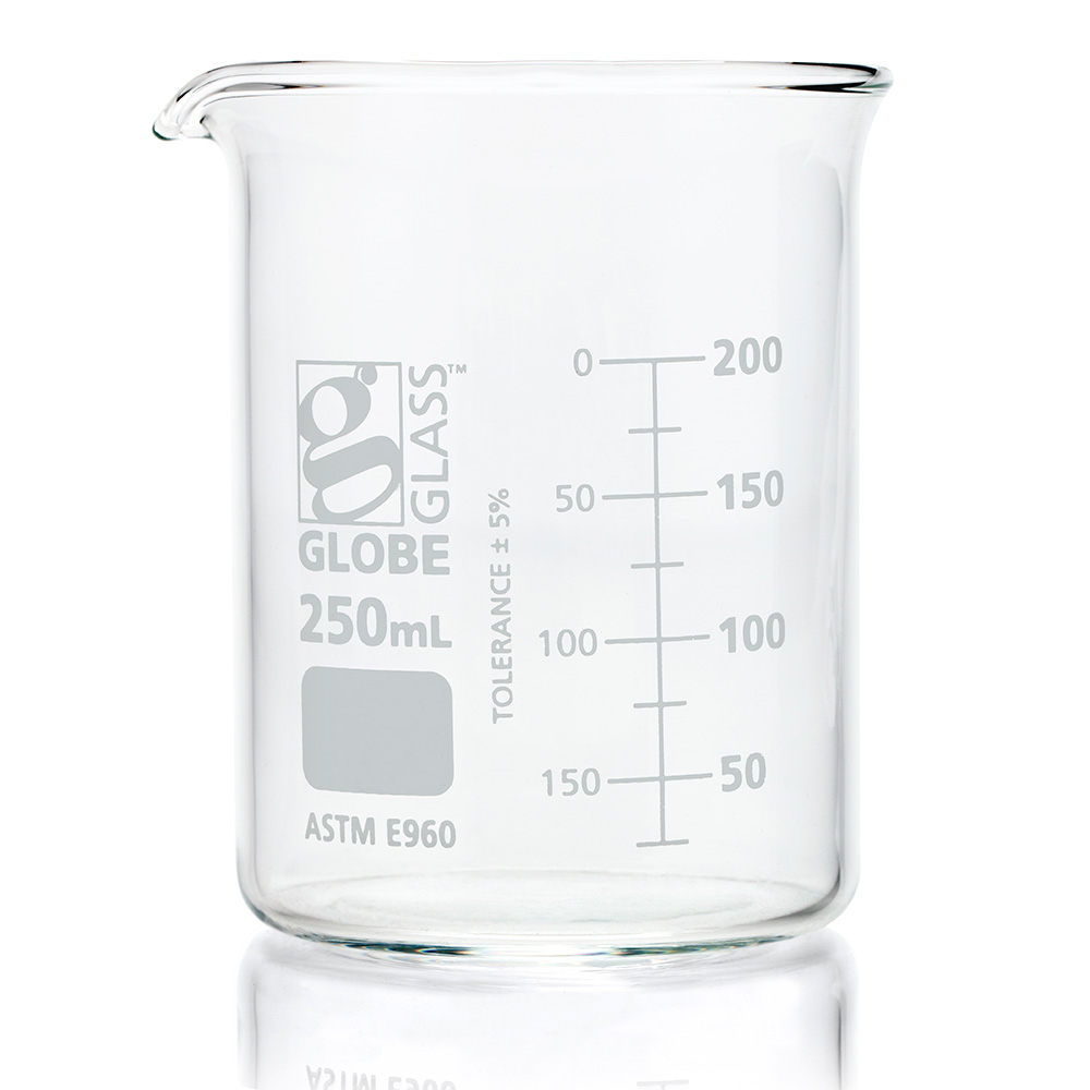 Globe Scientific Beaker, Globe Glass, 250mL, Low Form Griffin Style, Dual Graduations, ASTM E960, 12/Box Image