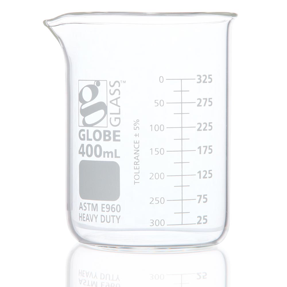 Globe Scientific Beaker, Globe Glass, 400mL, Low Form Griffin Style, Heavy Duty, Dual Graduations, ASTM E960, 12/Box Image