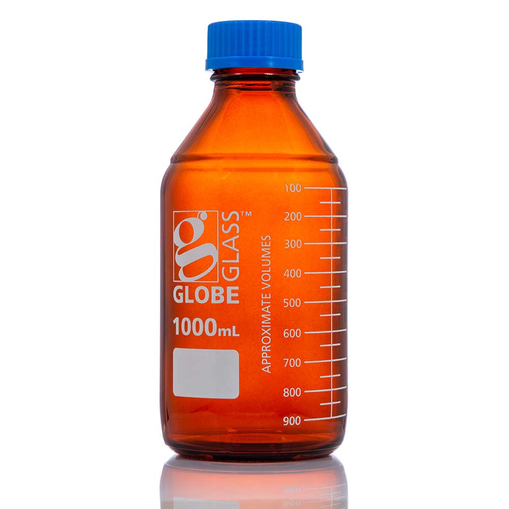 Globe Scientific Bottle, Amber Media, Globe Glass, 1000mL, GL45 Screw Cap, Dual Graduations, 10/Box Image