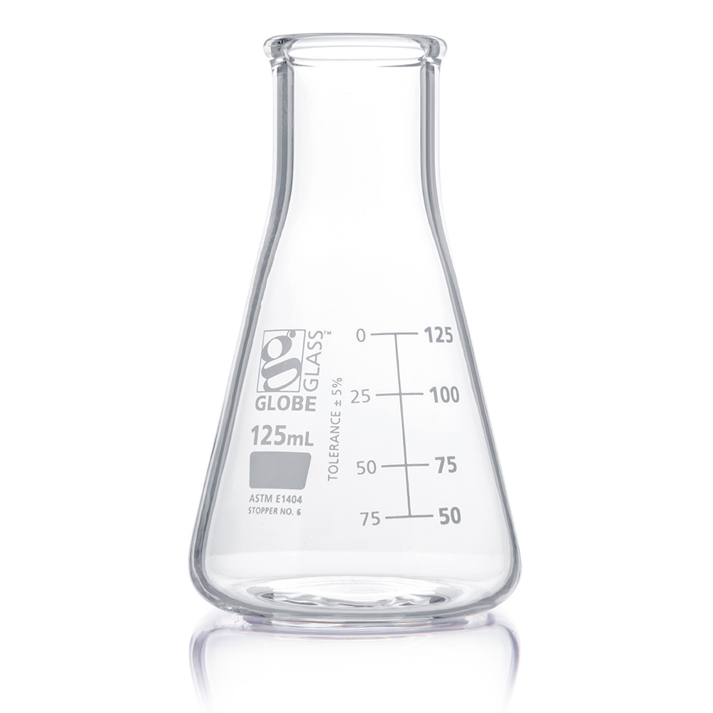 Globe Scientific Flask, Erlenmeyer, Globe Glass, 125mL, Wide Mouth, Dual Graduations, ASTM E1404, 12/Box Image