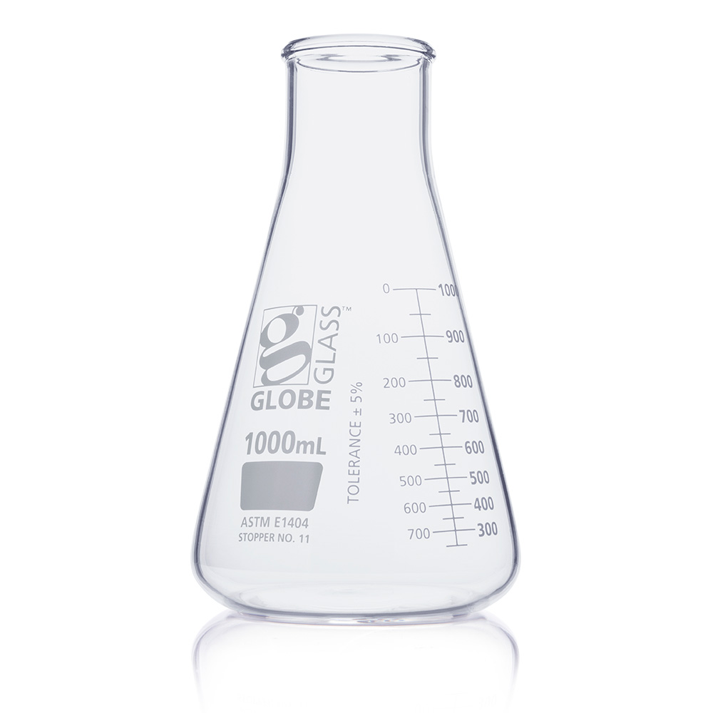 Globe Scientific Flask, Erlenmeyer, Globe Glass, 1000mL, Wide Mouth, Dual Graduations, ASTM E1404, 6/Box Image