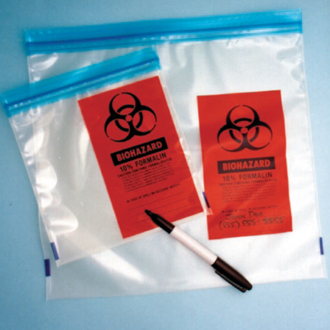 Globe Scientific Bag, Liquid Tight Ziplock for Specimen Storage with Formalin Warning Printing, Saranex, 12" x 12", 250/Pack, 4 Packs/Unit Image