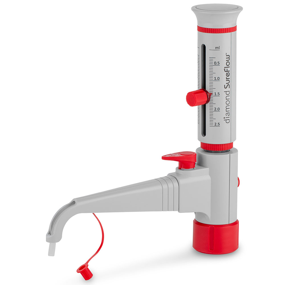 Globe Scientific Bottle Top Dispenser, Diamond SureFlow, with Recirculation, 0.25mL to 2.5mL, 0.05mL increments Image