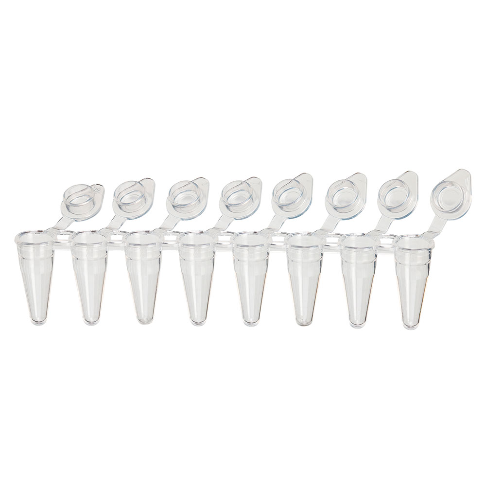 Globe Scientific DiamondLink 0.1mL 8-Strip Tubes, Low-Profile, with Individually-Attached Flat Caps, Clear Image