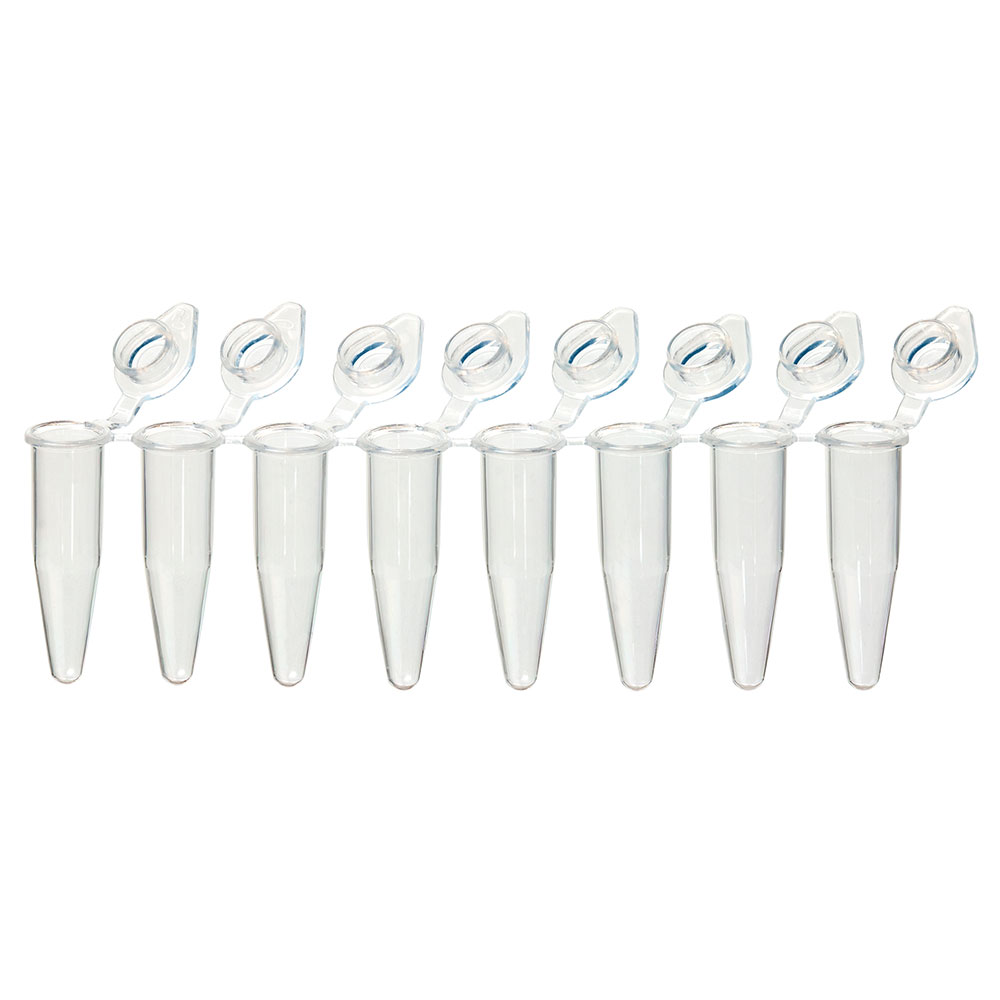Globe Scientific QuickSnap 0.2mL 8-Strip Tubes, with Individually-Attached Flat Caps, Clear Image