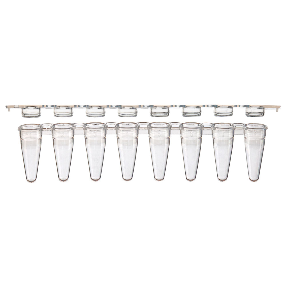 Globe Scientific 0.1mL 8-Strip Tubes, Low Profile, with Separate 8-Strip Clear Flat Caps, Natural Image