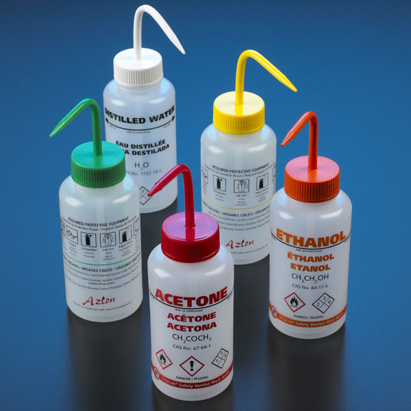 Globe Scientific Wash bottle, Isopropanol,500mL, LDPE,multi-lingual,vented, yellow, GHS Labeled Image