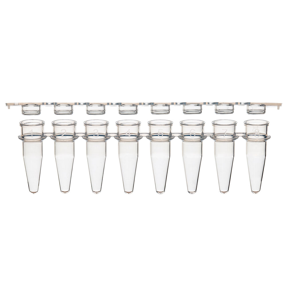 Globe Scientific 0.2mL 12-Strip Tubes, with Separate 12-Strip clear Flat caps, Natural Image
